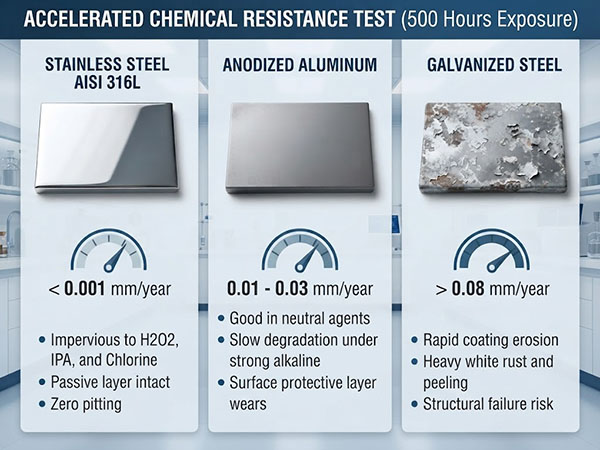 Accelerated chemical resistance test comparing stainless steel, anodized aluminum, and galvanized steel for cleanroom davit cranes.